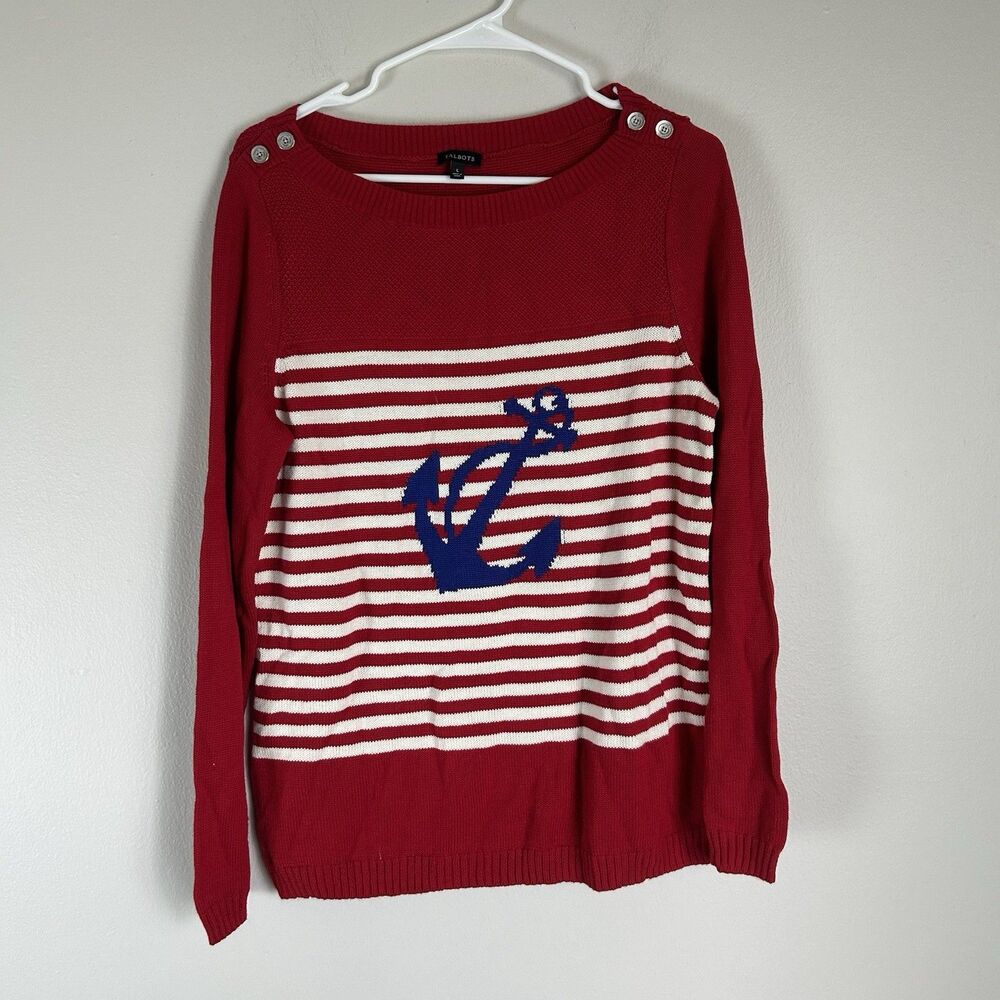 Talbots Nautical Anchor Striped Sweater size Large Coastal Preppy Classic Red